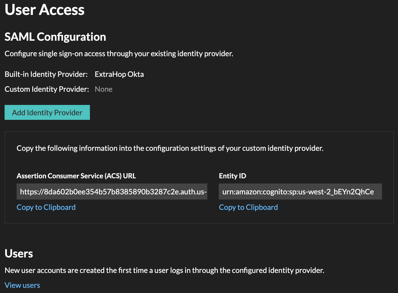 SAML identity configuration