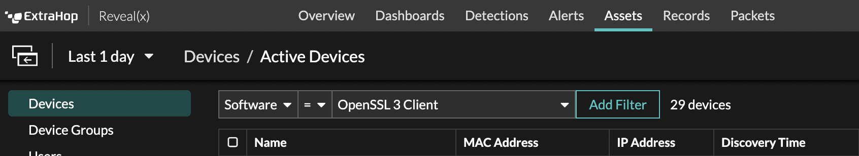 Active devices search pane showing search for OpenSSL 3 clients in Reveal(x) UI