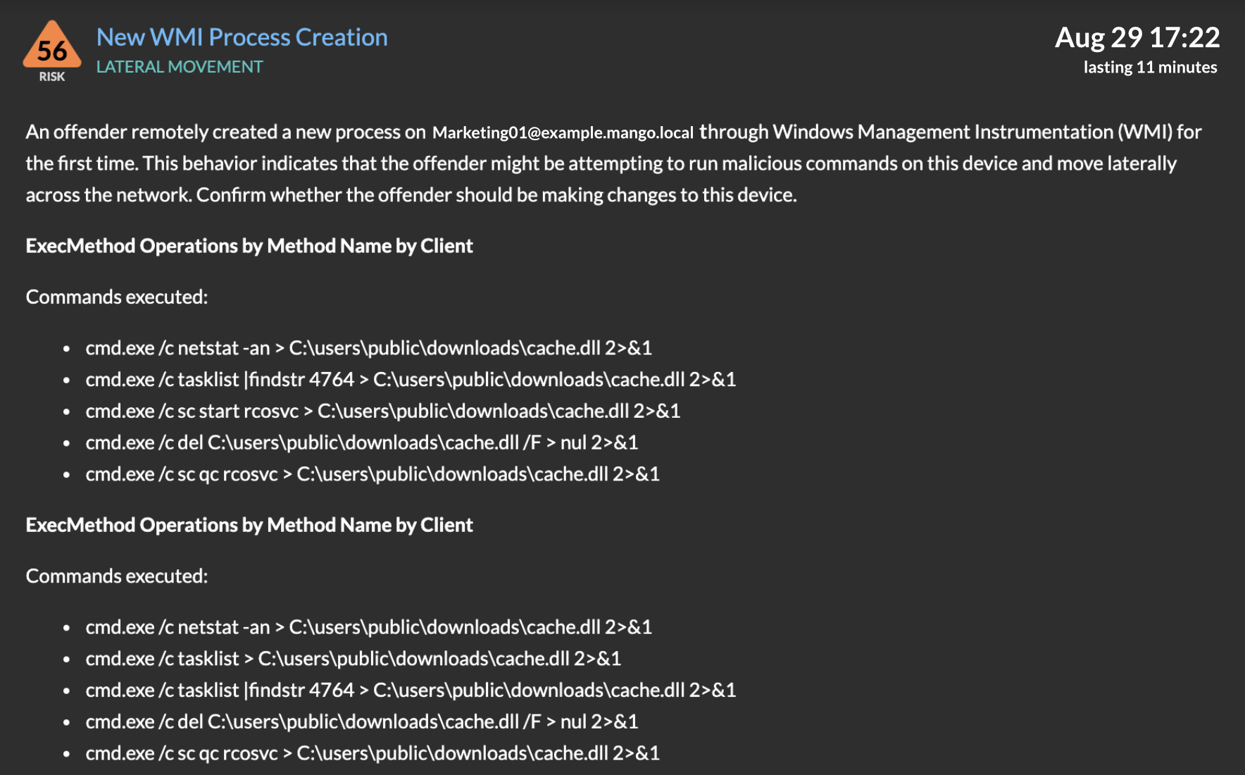 Attack commands detected in Reveal(x) from an MS-RPC session.