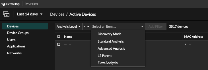 Filtering devices by analysis level in Reveal(x) 360