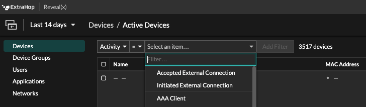 Filtering devices by external or internal connection in Reveal(x) 360