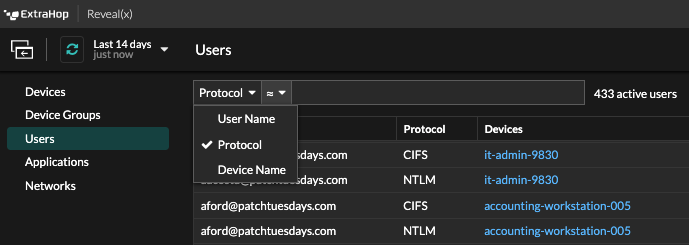 Filtering users by protocol in Reveal(x) 360