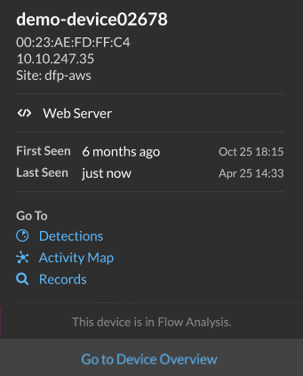 View of devices discovered on flow sensors in Reveal(x) 360