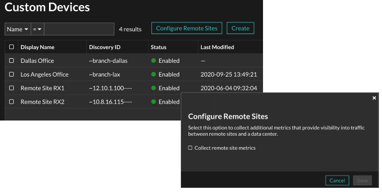 Collecting remote site metrics in custom devices