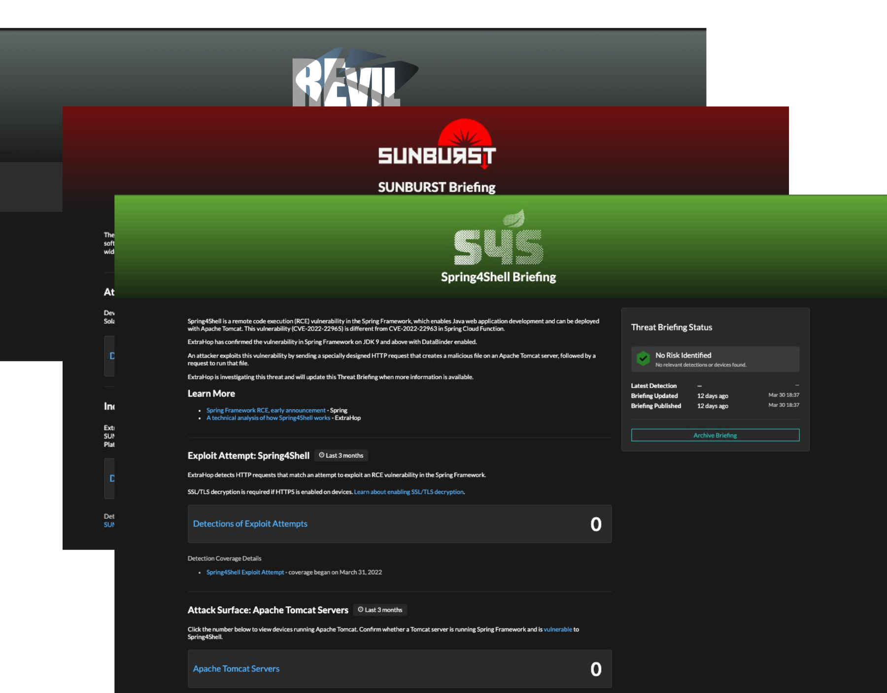 REvil, Sunburst, and Spring4Shell threat briefings in ExtraHop Reveal(x)