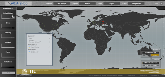 ExtraHop geomaps reveal the geographic origin of requests. This geomap is from an IT organization that uses ExtraHop and shows six heartbeat messages originated in Kiev, Ukraine.
