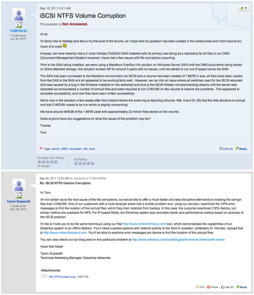 NetApp Community forums post asking for advice about corrupt files stored in SAN-based file system